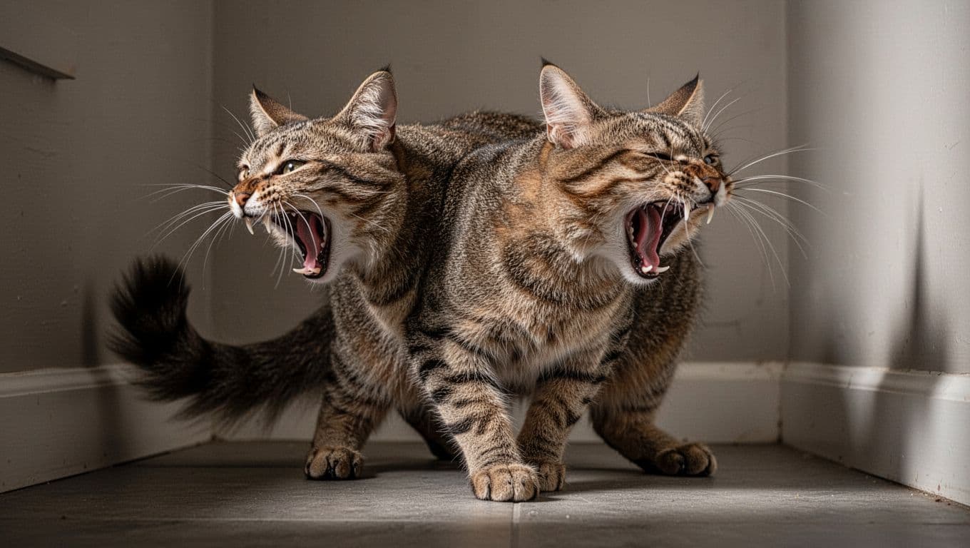 A realistic photograph of a single domestic cat in a defensive posture, hissing with mouth wide open, fangs bared, ears flattened back, fur puffed, and tail low and bushy against a neutral indoor background with dramatic side lighting.