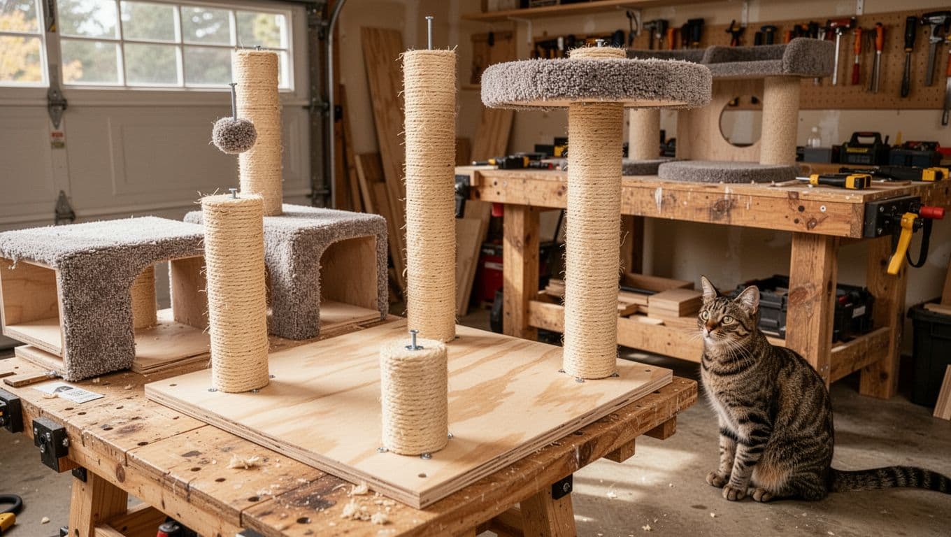 Realistic photo of DIY cat tree assembly in a cozy garage with natural light: three sisal-wrapped posts screwed to a wide plywood base, carpet-covered platforms ready nearby, one cat observing from the floor.