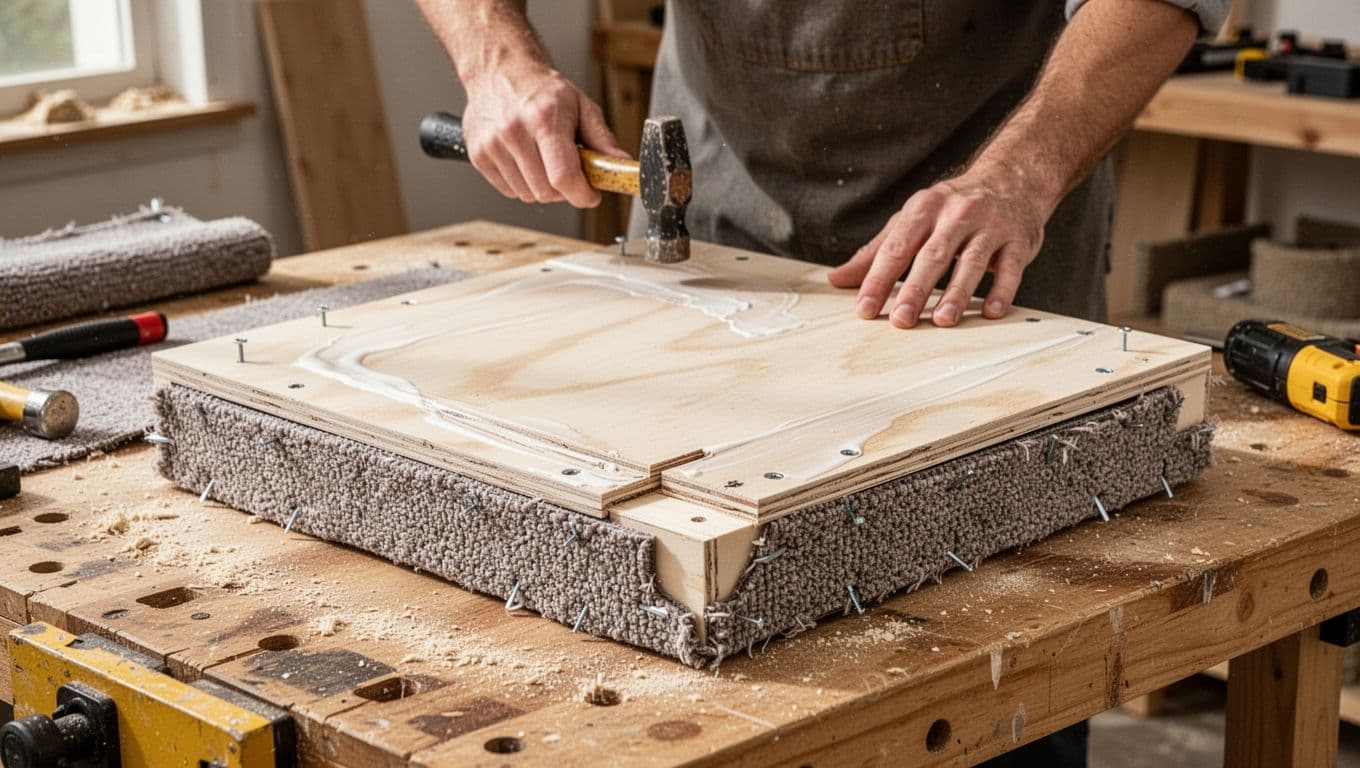 Realistic photo of one person building a DIY cat tree base on a workbench, featuring two 24-inch plywood squares glued and screwed together, sanded edges, carpet remnant wrapped and stapled on underside with corner notches.