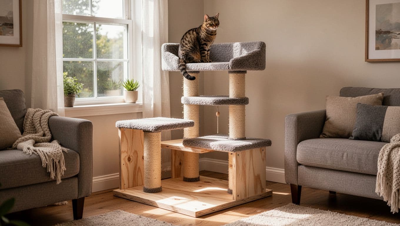Completed sturdy DIY cat tree positioned in a cozy living room corner, with wide plywood base, two sisal-wrapped posts, three carpet-covered platforms, and natural daylight from the window. A single tabby cat perches on the top platform gazing out the window in realistic photo style.