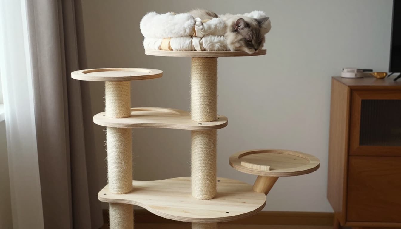 A simple wooden DIY cat tree basic tower design with 3 platforms and scratching posts in a cozy living room corner, front view, natural daylight lighting, realistic style, exactly one cat perched on top platform.