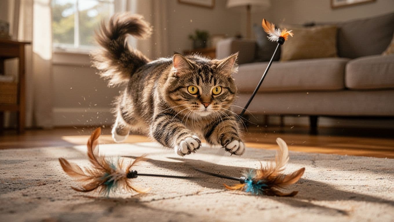 A vibrant domestic shorthair cat in mid-pounce on a feather wand toy across a living room carpet, arched in hunting pose with focused yellow eyes, extended claws, and curved tail. Photorealistic with sharp fur details, motion blur, warm sunlight, cozy home background.