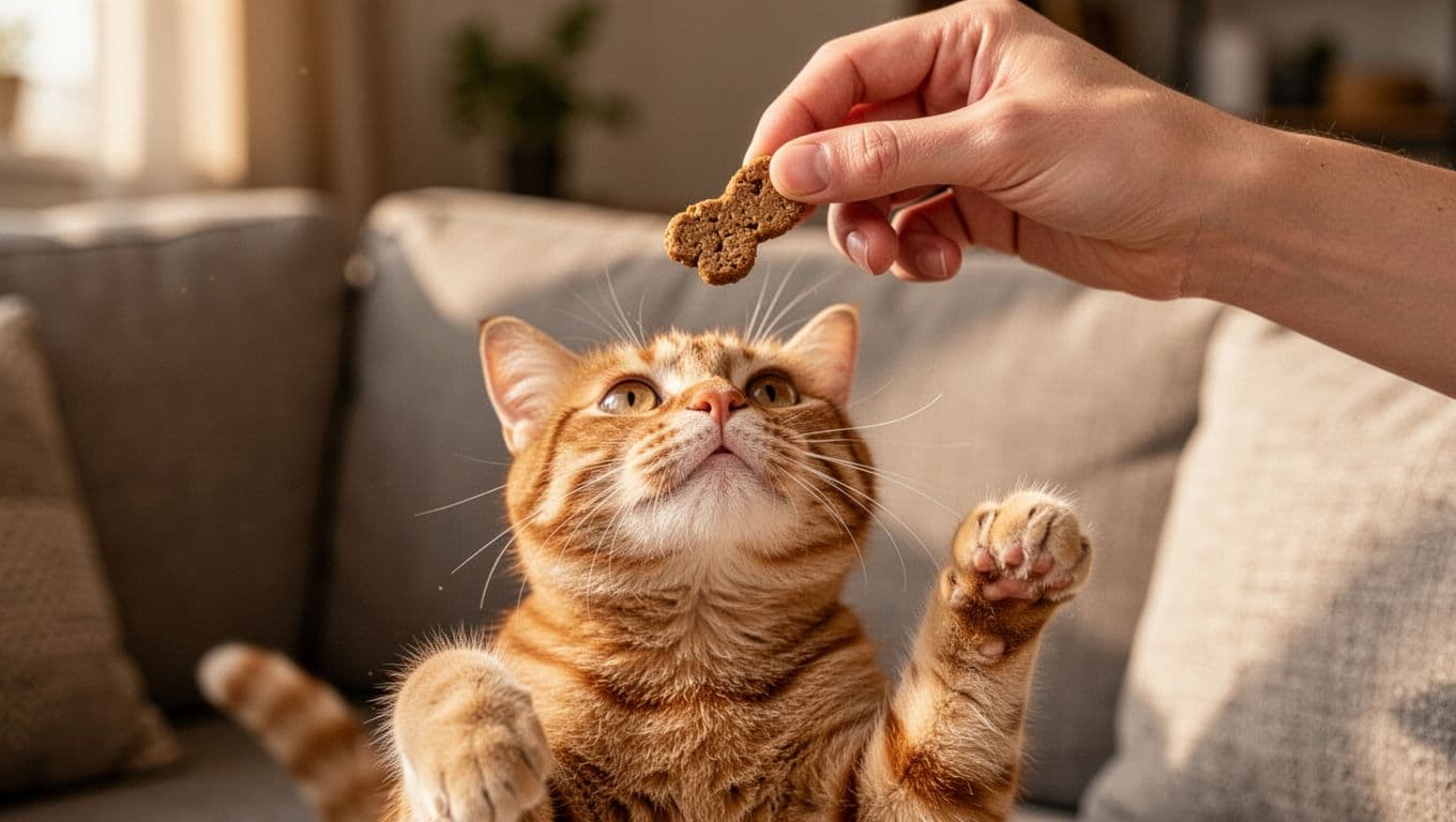 Close-up of a person's hand loosely holding a small cat treat above a ginger cat's head on a couch, with the cat looking up eagerly and paw slightly raised amid a blurred living room in warm afternoon light.