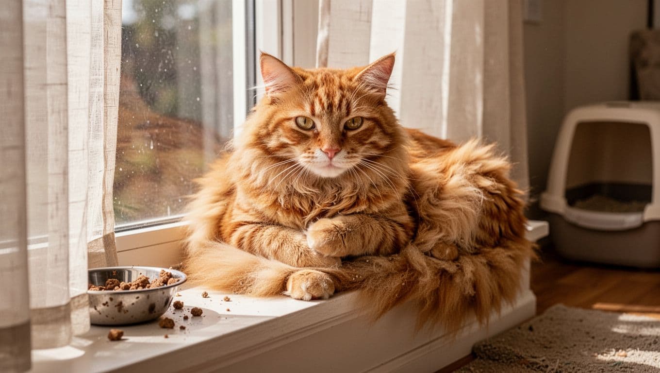 A close-up of a fluffy orange tabby cat lounging comfortably on a windowsill in a sunny living room, grooming itself lightly with bright eyes and clean fur. Soft natural daylight filters through sheer curtains, creating a peaceful mood with high detail on fur texture.