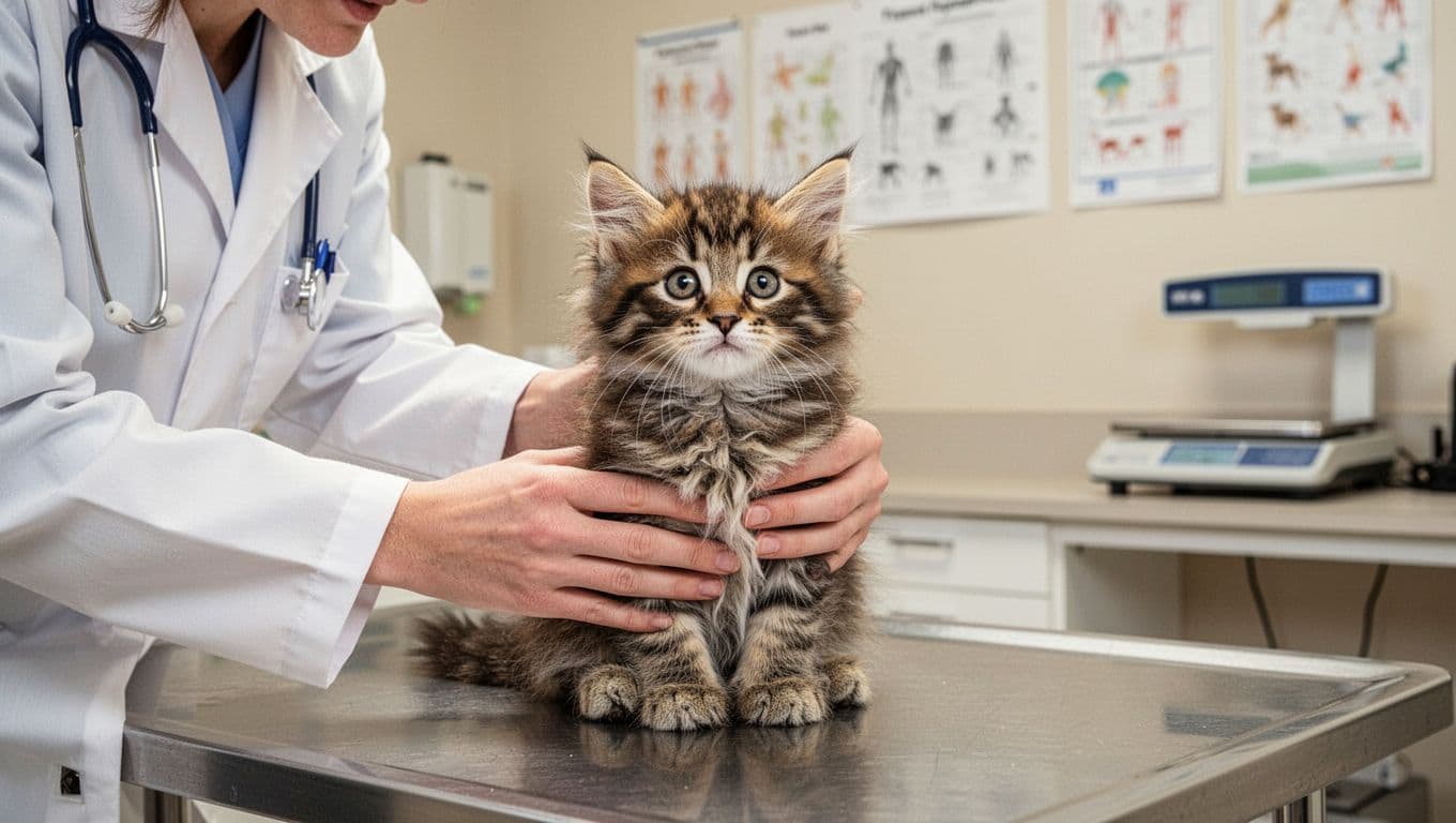 A friendly veterinarian in a white coat gently examines a playful fluffy kitten on an exam table in a bright vet clinic, with detailed fur textures and warm lighting creating a peaceful mood.
