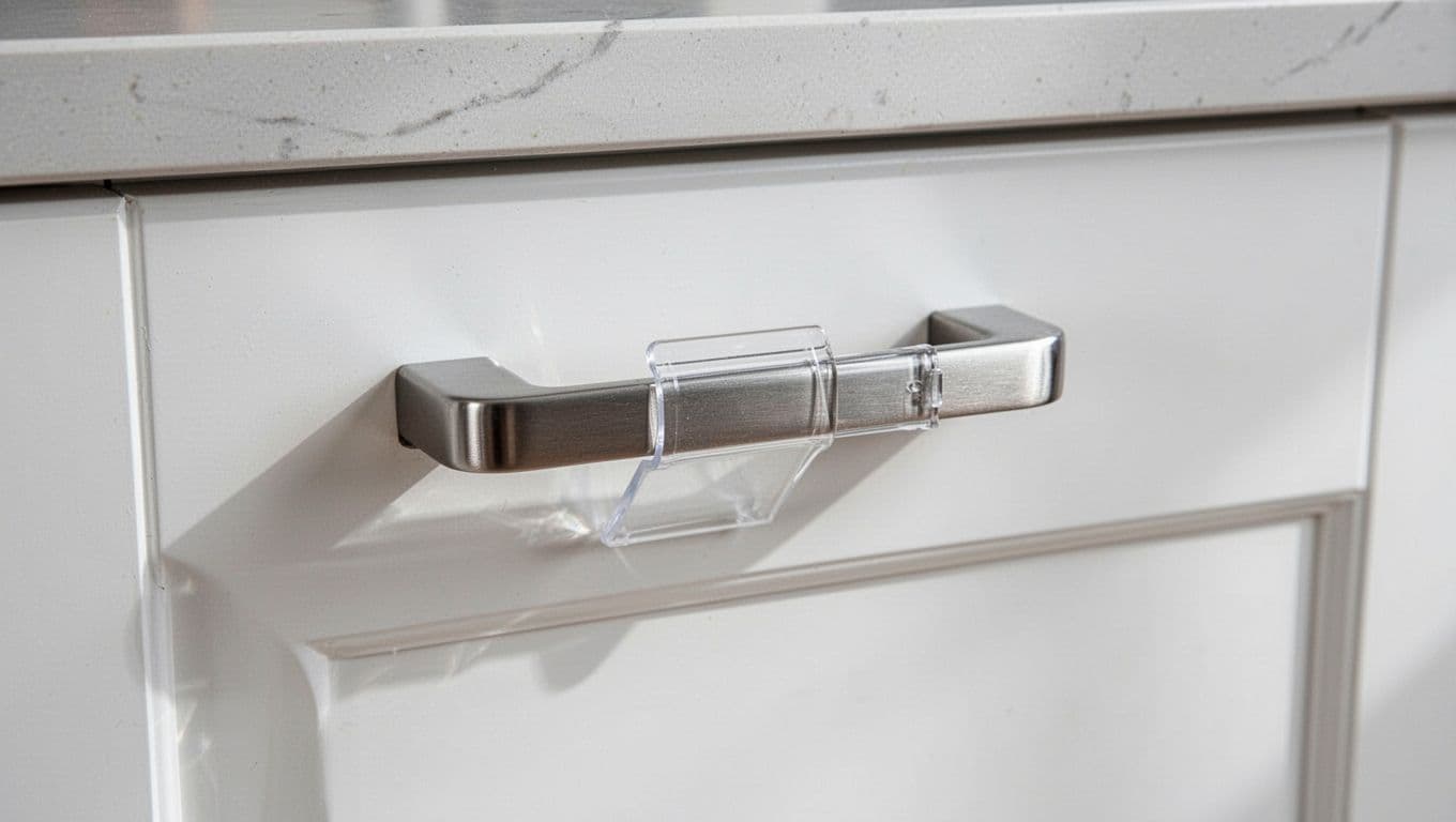 Close-up photorealistic image of a modern silver drawer pull on a white cabinet secured by a transparent adhesive strap latch, stretched slightly to show hold strength, under soft natural daylight with subtle shadows and high-resolution details.