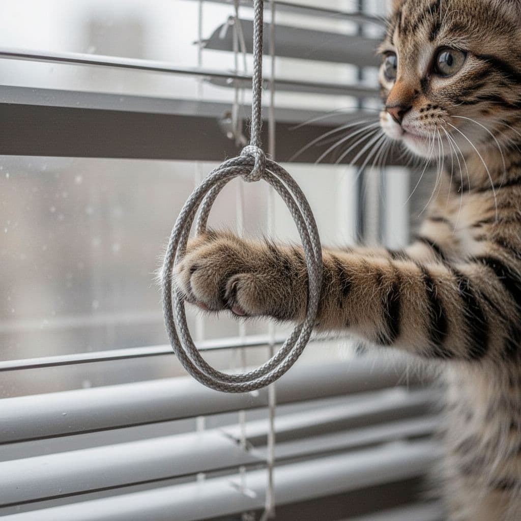 Close-up realistic photo of a kitten's paw gently touching a continuous loop cord from window blinds, illustrating a strangulation hazard, with blurred window background and soft indoor lighting.