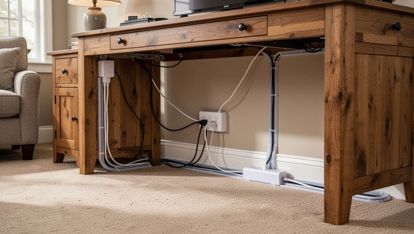 Realistic photo of a living room featuring electrical cords hidden behind large wooden furniture, with a power strip under the desk, cords in adhesive raceways along beige carpeted baseboards, and lamp cord in a furniture box, ensuring neatness and pet inaccessibility.