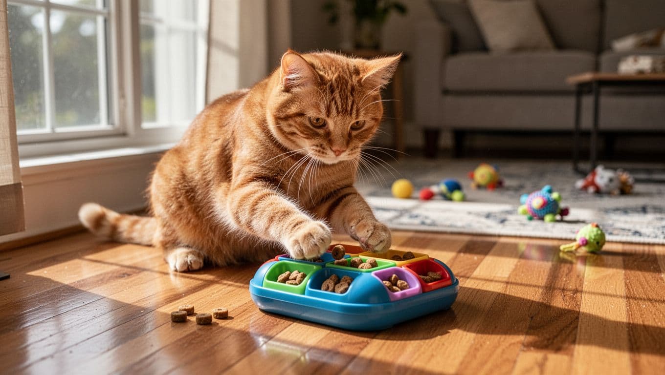 An orange shorthair cat playfully interacts with a puzzle feeder toy on a hardwood floor in a cozy living room, batting at treat compartments with one paw under natural afternoon light.