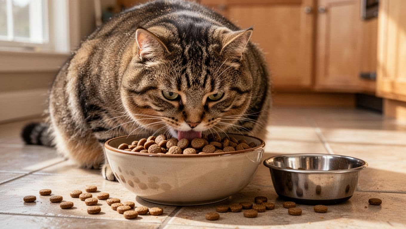 A close-up of an overweight tabby indoor cat eagerly eating kibble from a large bowl on a kitchen floor, with an empty smaller bowl nearby for comparison. Soft natural light from a window highlights the detailed fur texture and food pieces in this cozy home setting.