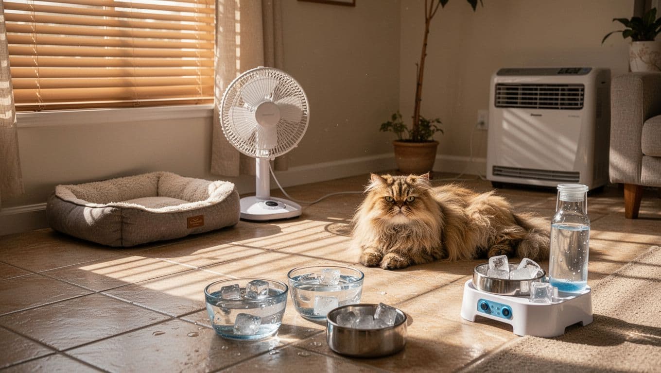 Cozy living room arranged to prevent cat heatstroke with shaded cool spots like tile floor and pet bed under a fan, multiple ice water bowls, closed blinds, battery fan, and AC unit; long-haired Persian cat rests comfortably in early morning light.