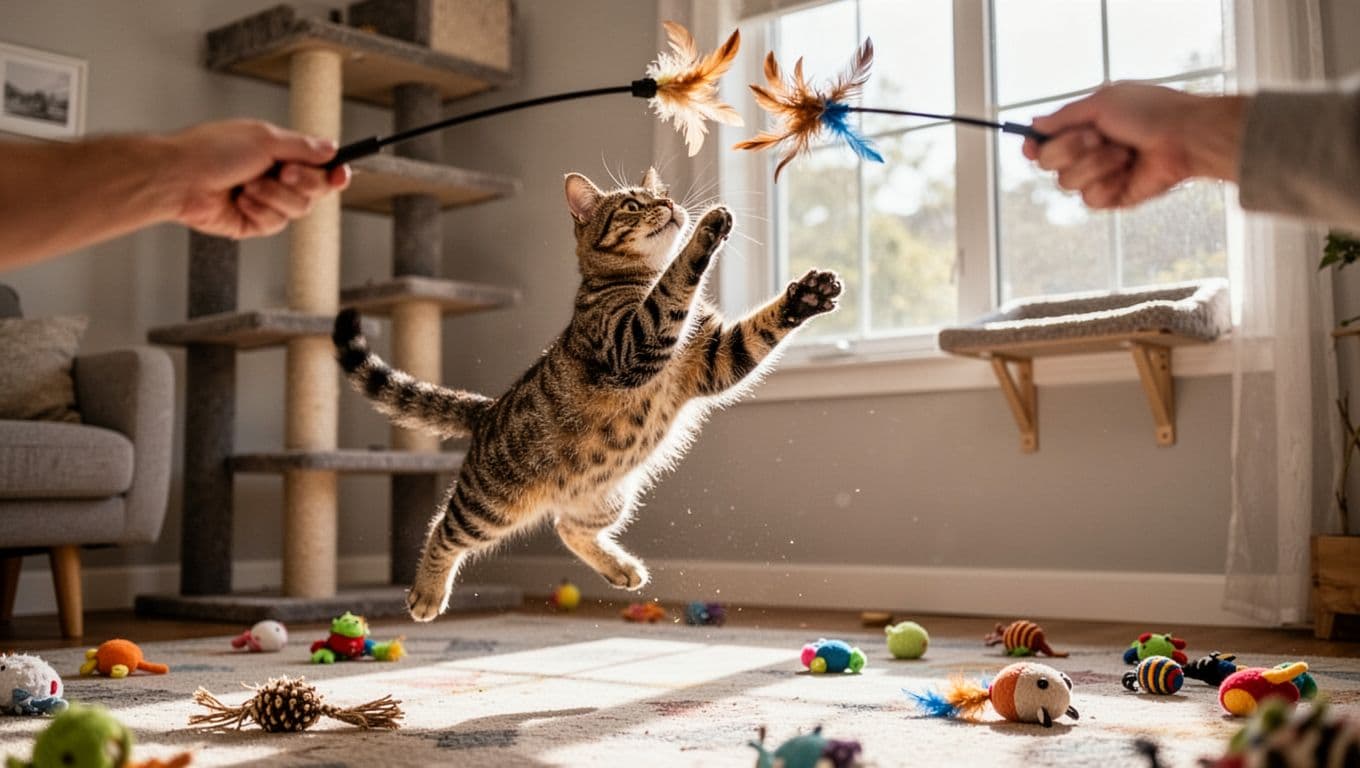 An energetic tabby cat leaps mid-air to catch a feather wand toy held by a blurred hand in a lively living room with climbing shelves and scattered toys. Bright natural light highlights the fur motion in this photorealistic dynamic action shot.