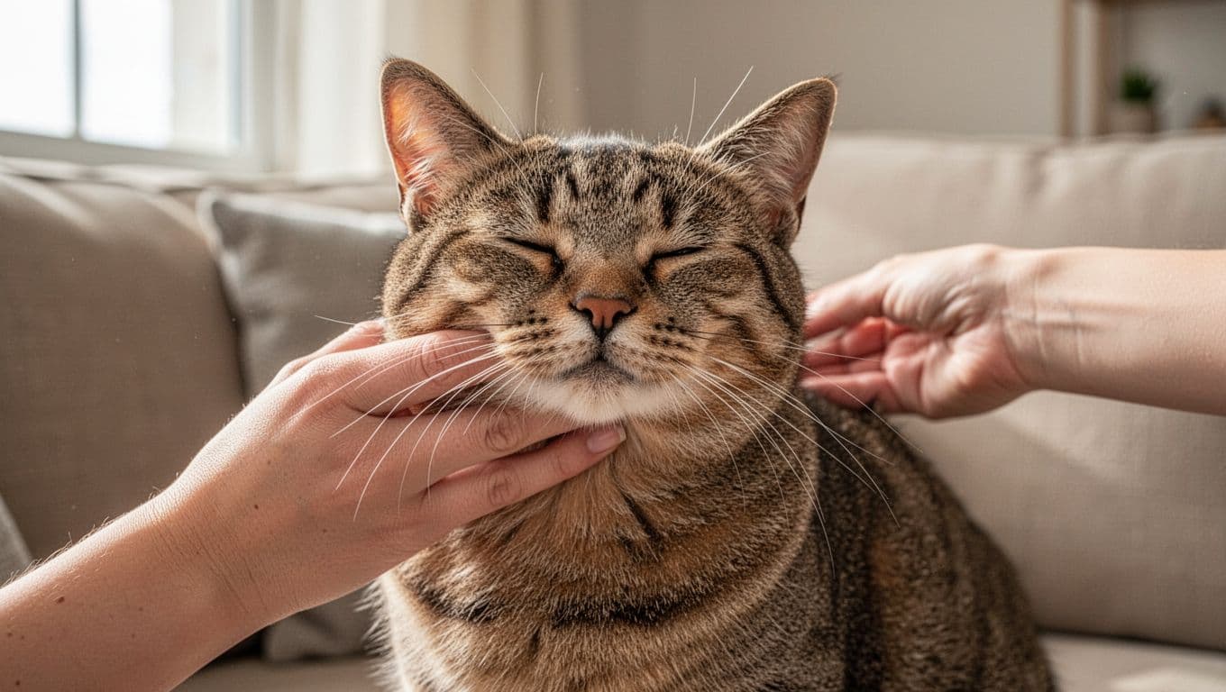 Close-up view of a relaxed domestic shorthair cat being gently petted on the cheek and chin by a human hand, with half-closed eyes in enjoyment and soft fur texture visible.