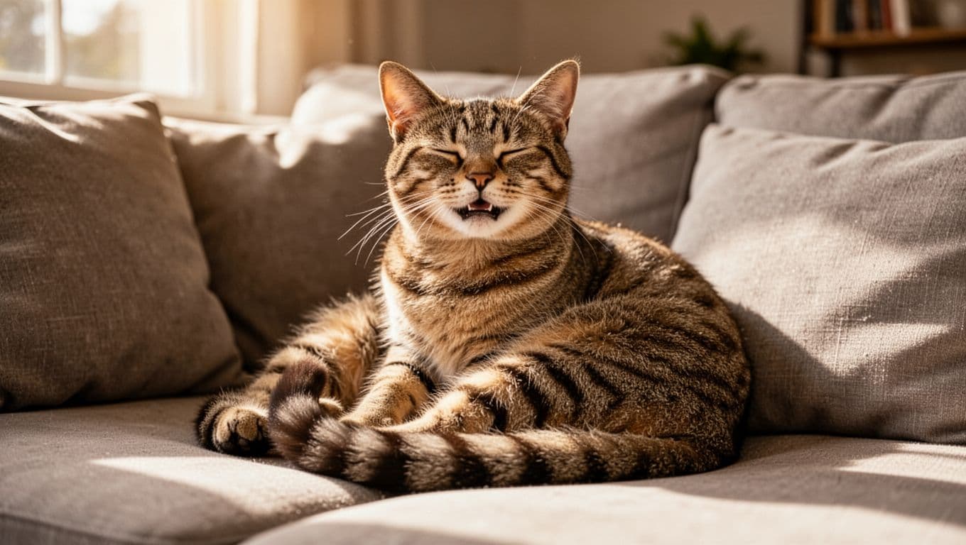 A relaxed domestic shorthair cat sits comfortably on a soft living room couch, eyes half-closed in contentment, mouth slightly open as if purring softly, with warm natural indoor lighting.