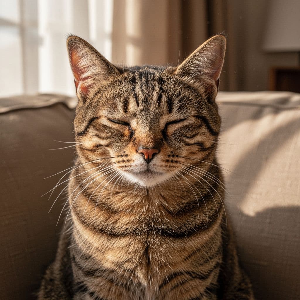 Close-up of a tabby cat performing a slow blink with half-closed eyes in a relaxed expression, sitting calmly on a beige couch in a cozy home setting with warm afternoon light.