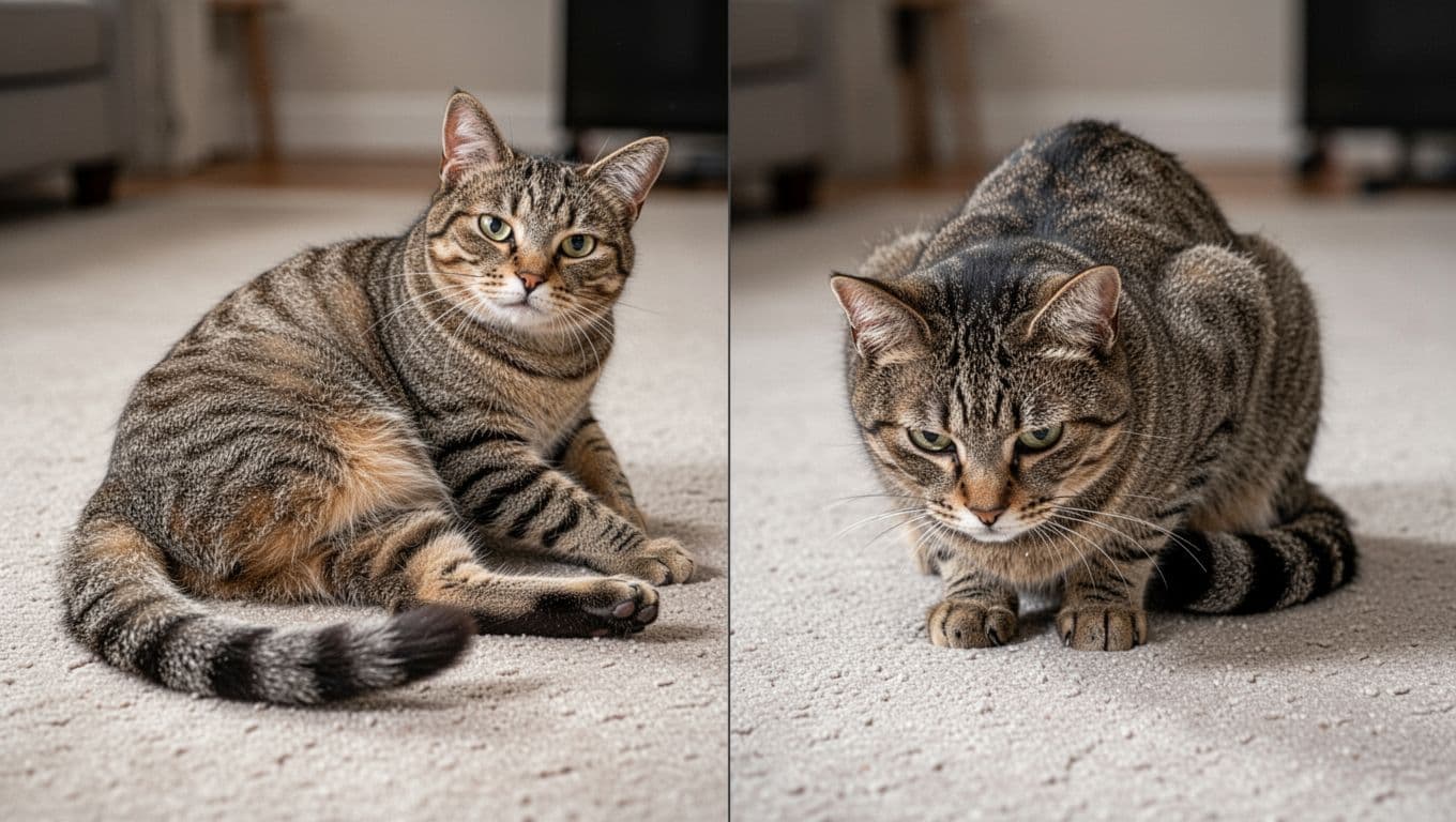 Side-by-side comparison image: left side features a relaxed cat with loose posture leaning sideways toward the viewer and gently curved tail; right side shows a stressed cat crouching low with flat ears, tucked tail, and tense body; both on neutral carpet in a home environment with realistic fur and natural indoor lighting.