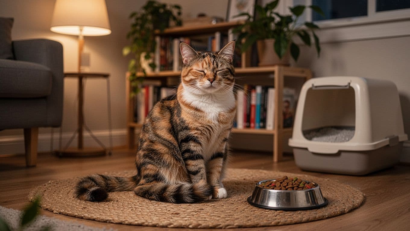 A serene calico cat sits calmly on a woven mat in a quiet living room corner during evening, looking content with half-closed eyes and loose tail. Nearby fresh food bowl and clean litter box in soft focus under warm lamp light with bookshelf and plant in background.