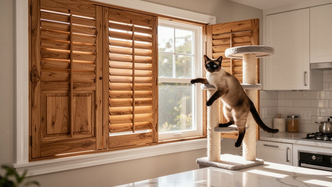 Bright kitchen window with fully closed interior wood shutters and a playful Siamese cat climbing on a stable cat tree positioned safely away, morning sunlight on clean modern counters, safe happy mood, realistic photo.
