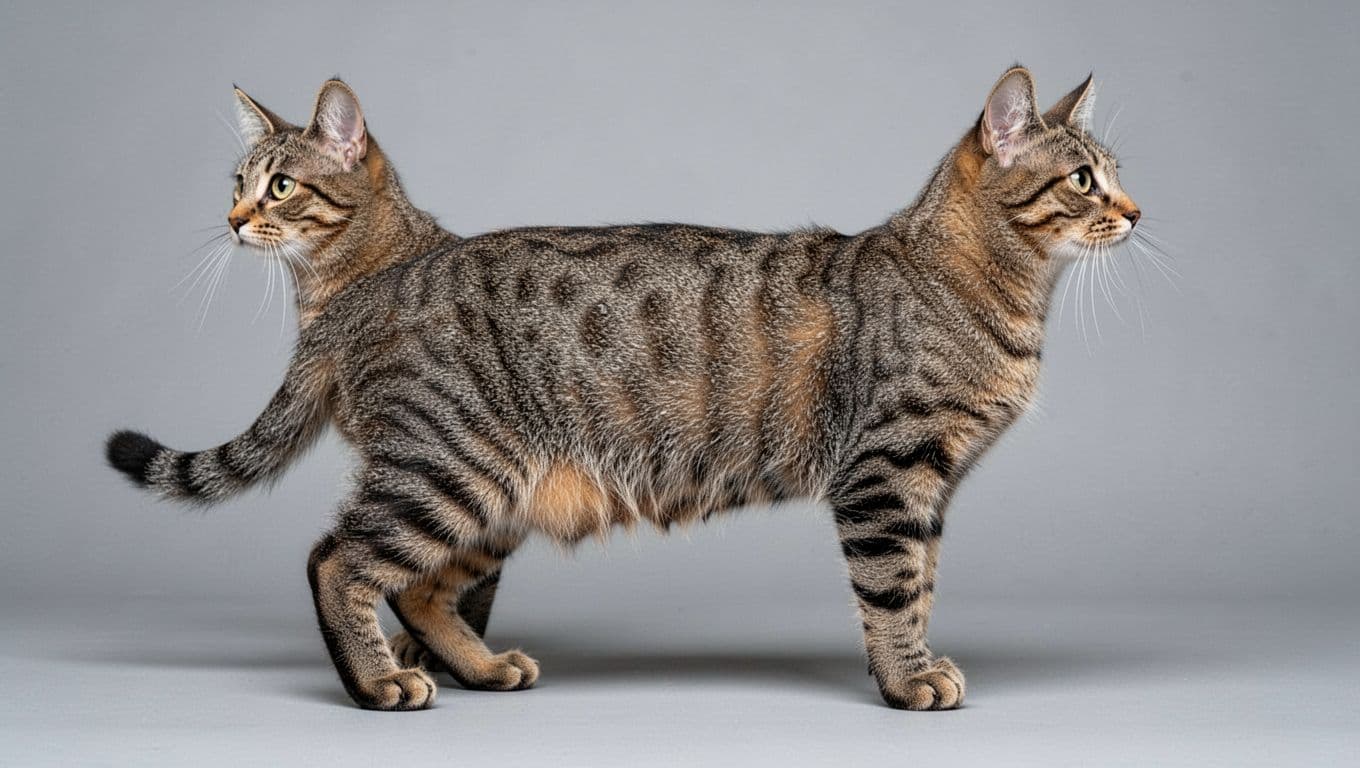 Side profile view of a fit, healthy tabby cat standing on a neutral gray background, showing ideal body condition score 4-5 with palpable ribs under thin fat, visible waist, and smooth curves.