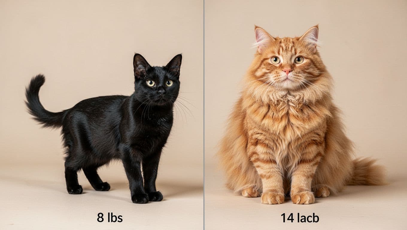 Side-by-side comparison of a small 8 lb sleek black cat standing alert and a larger 14 lb fluffy orange cat on a plain background, emphasizing clear size differences with realistic fur details and natural lighting.