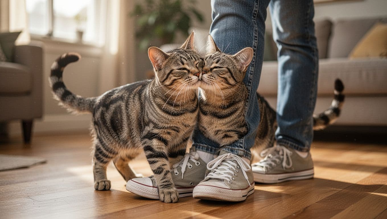 A detailed tabby cat affectionately rubs its cheek against a person's lower leg in jeans and sneakers, set in a cozy living room with soft natural light.