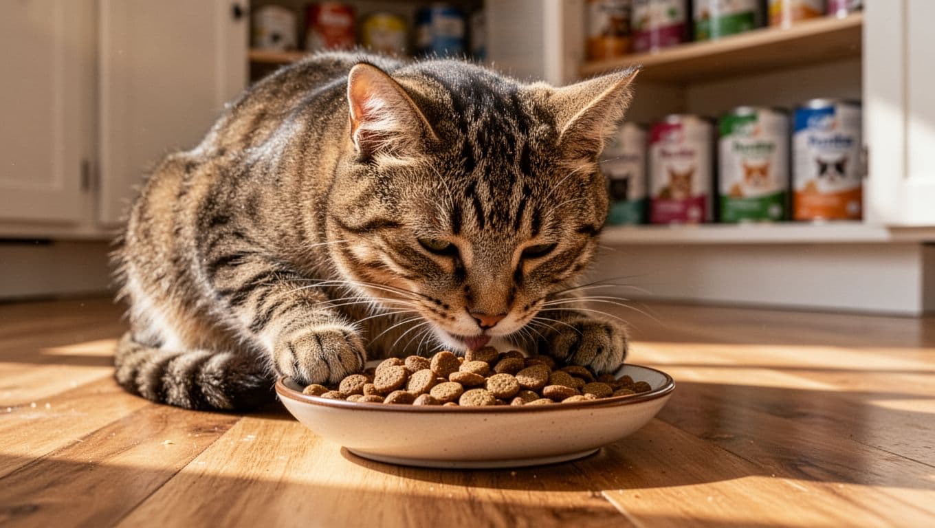 Close-up of a relaxed tabby cat eating balanced kibble from a shallow bowl on a wooden floor in a sunlit kitchen, with detailed fur texture and soft morning light.