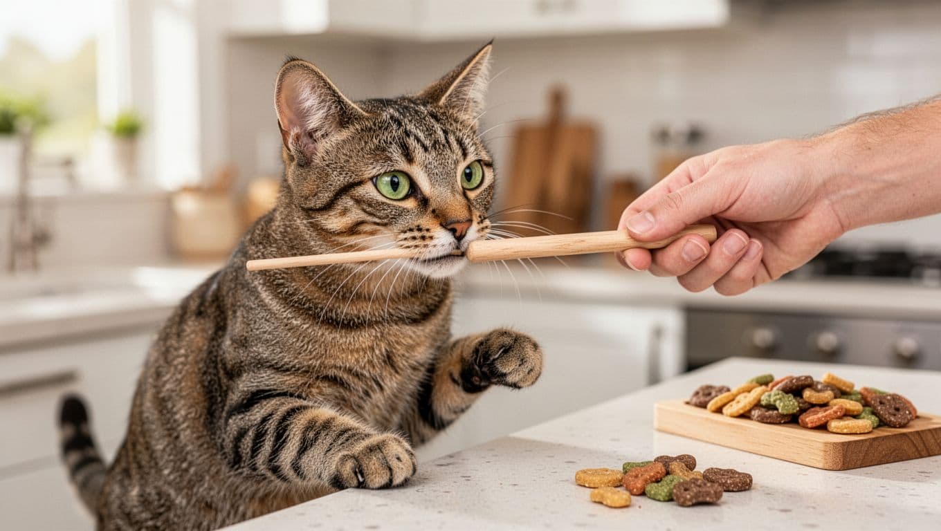 A curious tabby cat with focused green eyes and relaxed forward ears gently nose-touches a wooden target stick held by a human wrist in a bright kitchen setting. A slightly lifted paw shows engagement, with out-of-focus treats on the countertop evoking a positive learning mood.