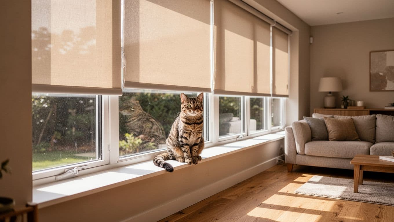 A realistic high-detail photograph of a cozy modern living room with large windows covered by neutral cordless roller shades, featuring a single curious tabby cat safely on the wide windowsill as soft sunlight filters through.