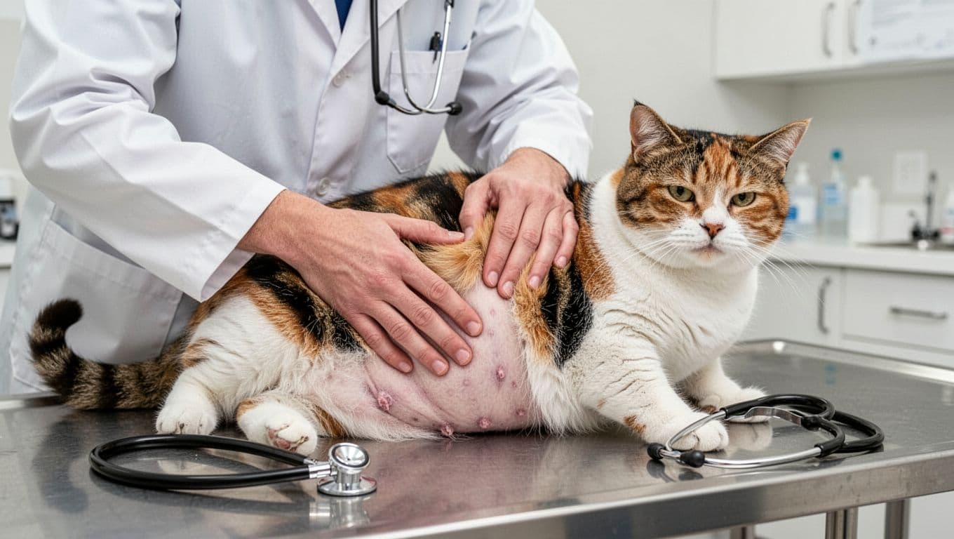 A veterinarian in white coat gently palpates the belly and ribs of an overweight calico cat on an exam table to check body condition score, with stethoscope nearby; calm cat in clean vet clinic under soft lighting.