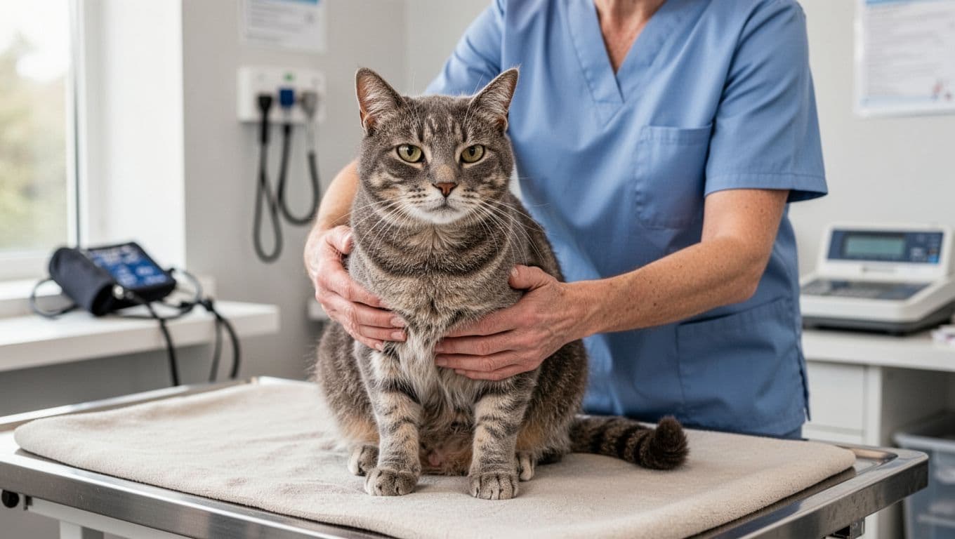 A veterinarian in light blue scrubs gently holds and palpates the abdomen of an older gray tabby cat on a padded exam table in a well-lit veterinary clinic.