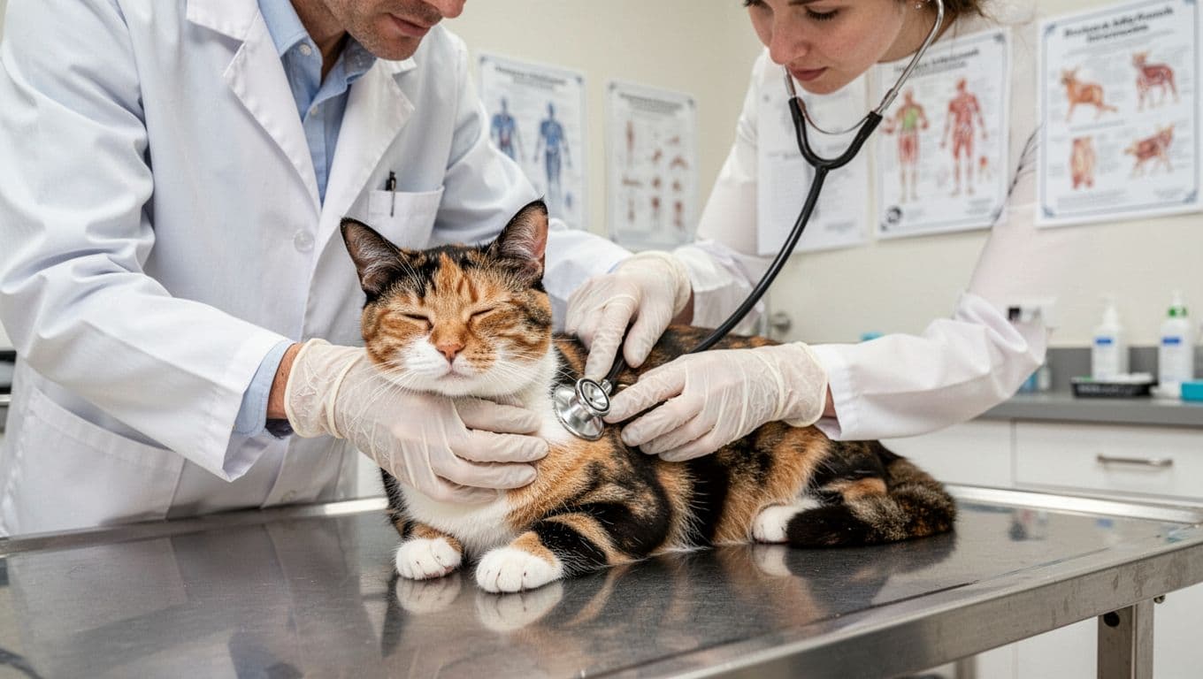 A veterinarian in a white coat gently examines a calm calico cat using a stethoscope on its chest in a bright, professional vet clinic.
