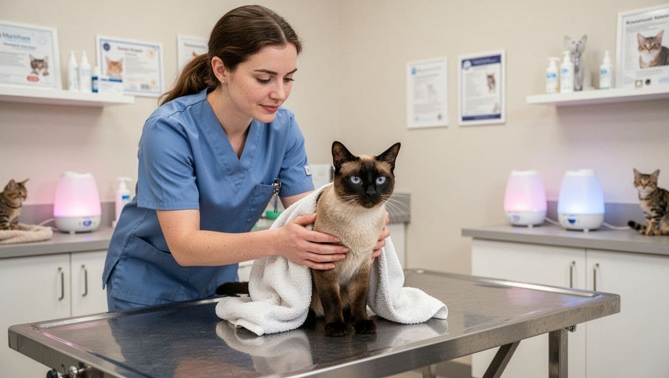 A veterinarian in scrubs gently handles a calm Siamese cat on an exam table in a bright, cat-friendly clinic with pheromone diffusers and soft lighting, using towel technique for minimal stress.