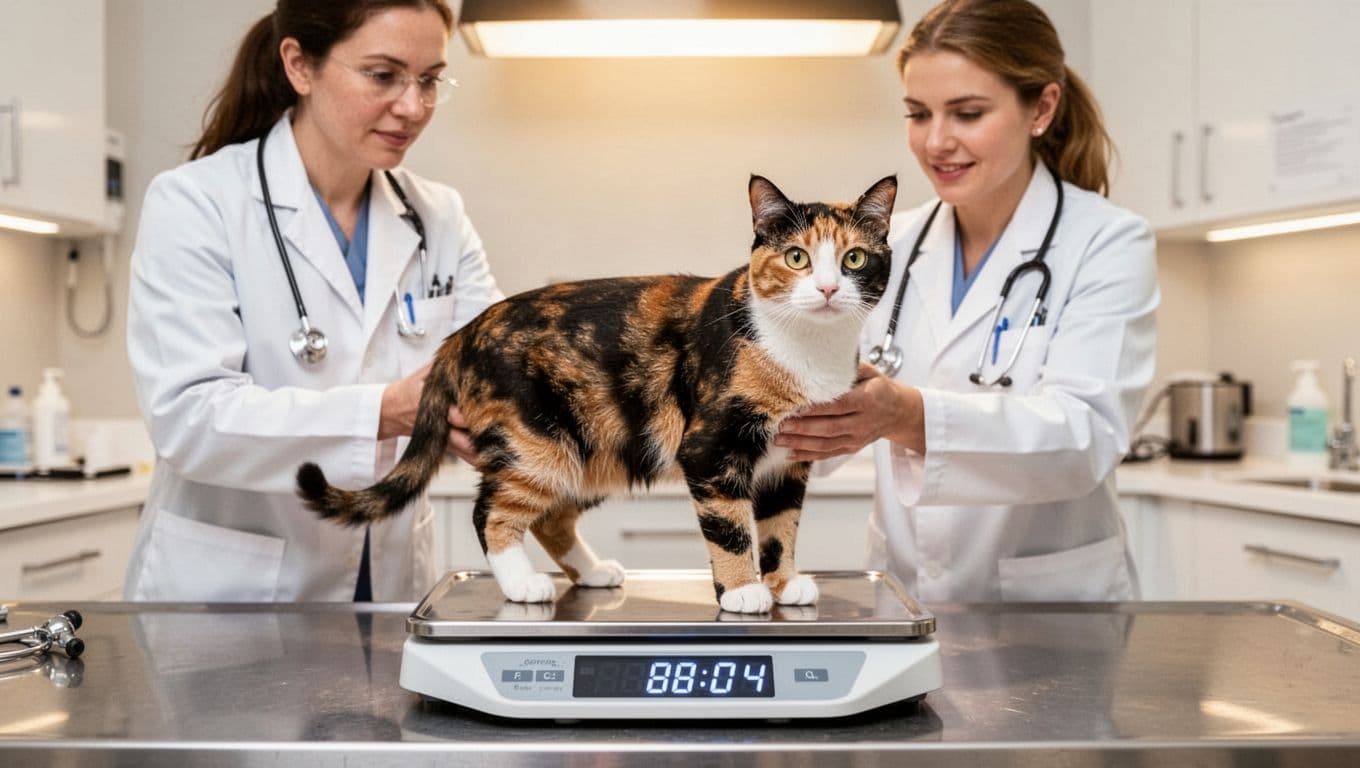 A veterinarian in a white coat weighs a healthy adult calico cat on a digital scale during a routine wellness exam in a modern bright vet clinic. The cat stands alert and calm with a shiny coat while the vet observes closely.