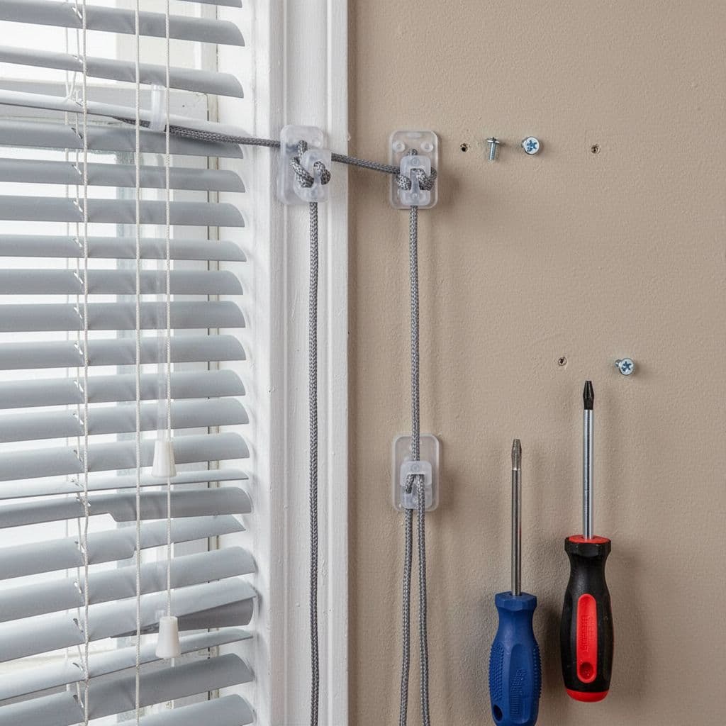 Simple installation of cord cleats on a neutral wall near window blinds, showing short secured cords held high out of reach by plastic cleats, with a screwdriver nearby in a clean, realistic product photo style.