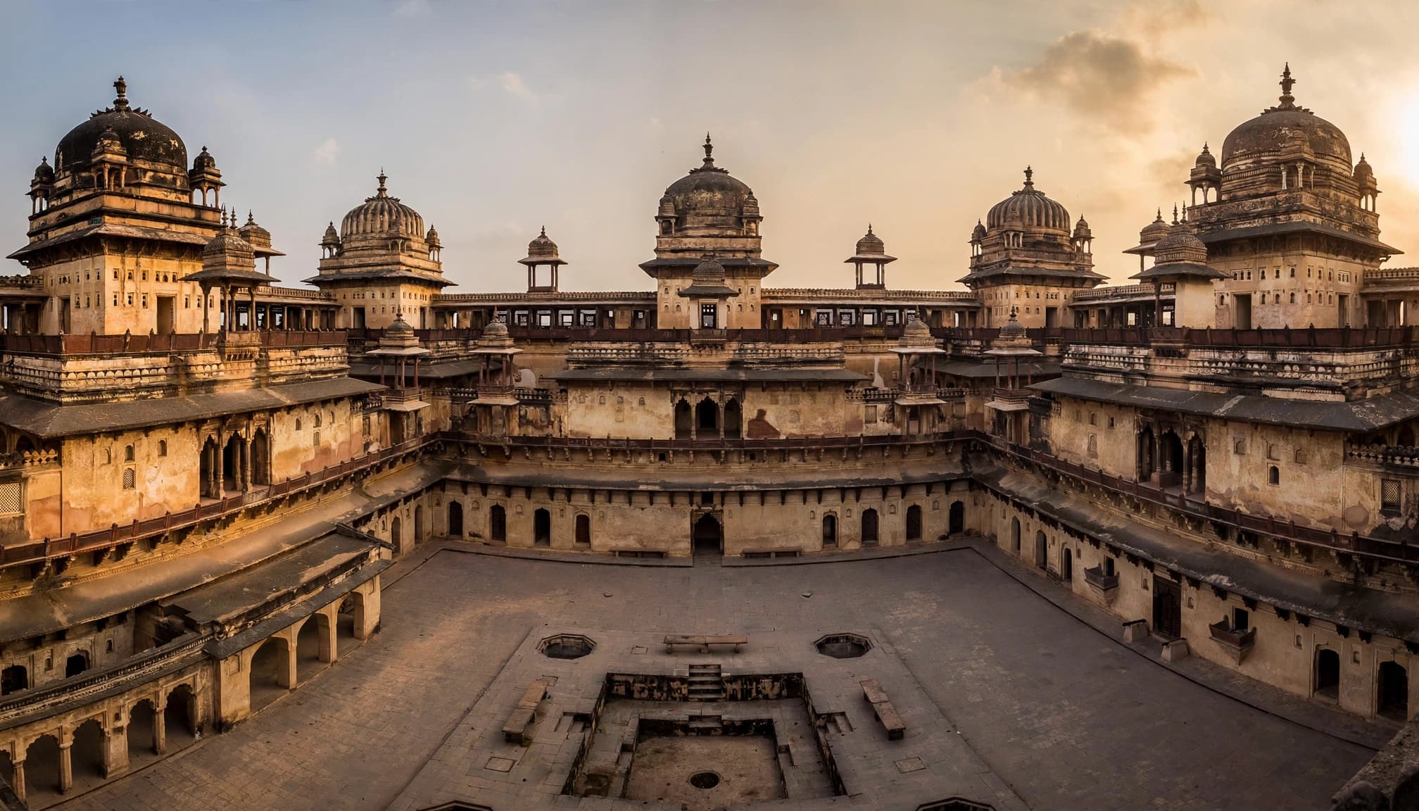 ओरछा किले का ऐतिहासिक प्रांगण और वास्तुकला।