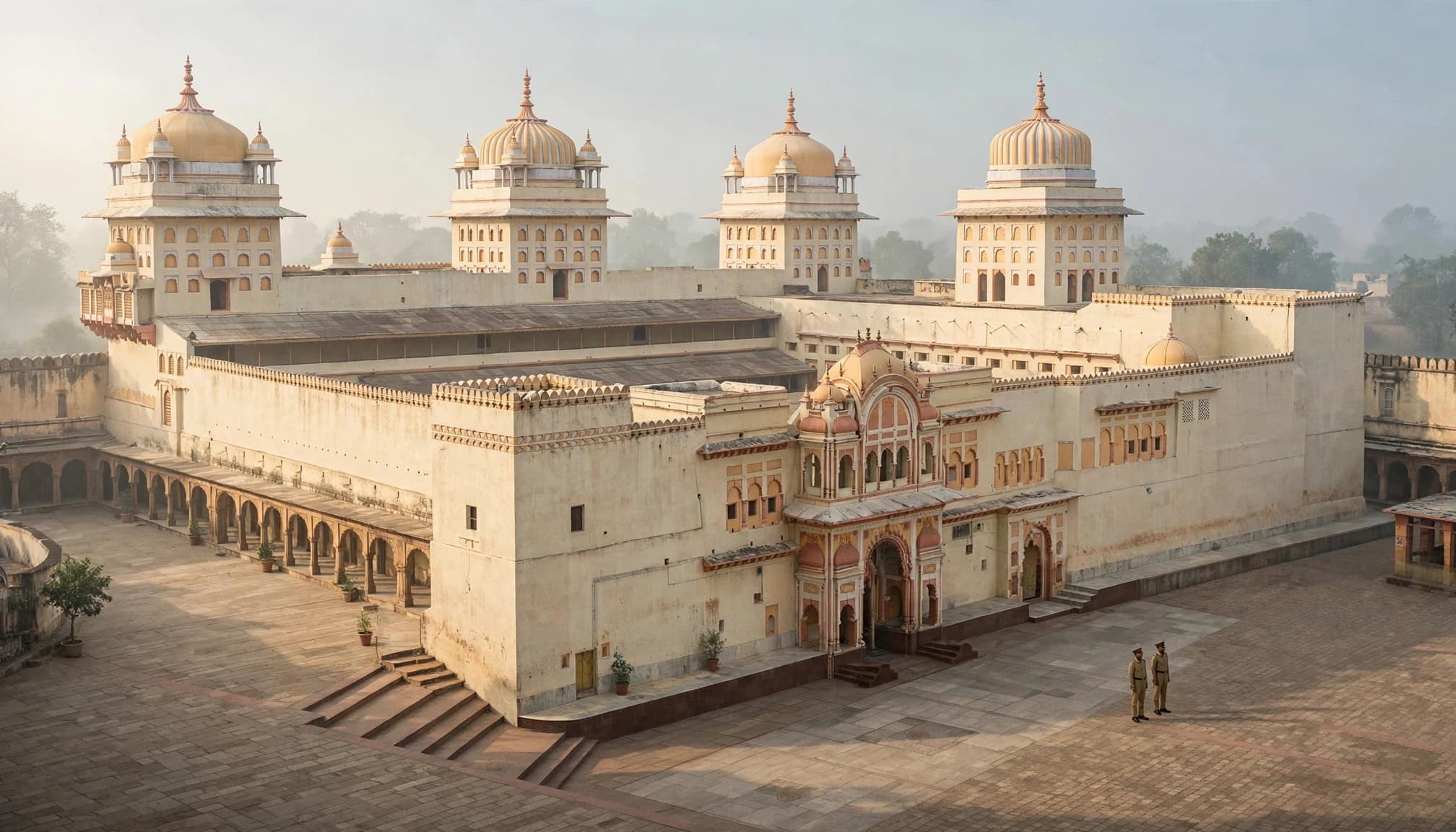 ओरछा के राम राजा मंदिर के प्रांगण का दृश्य, जिसमें मंदिर की वास्तुकला और दो सुरक्षाकर्मी दिख रहे हैं।