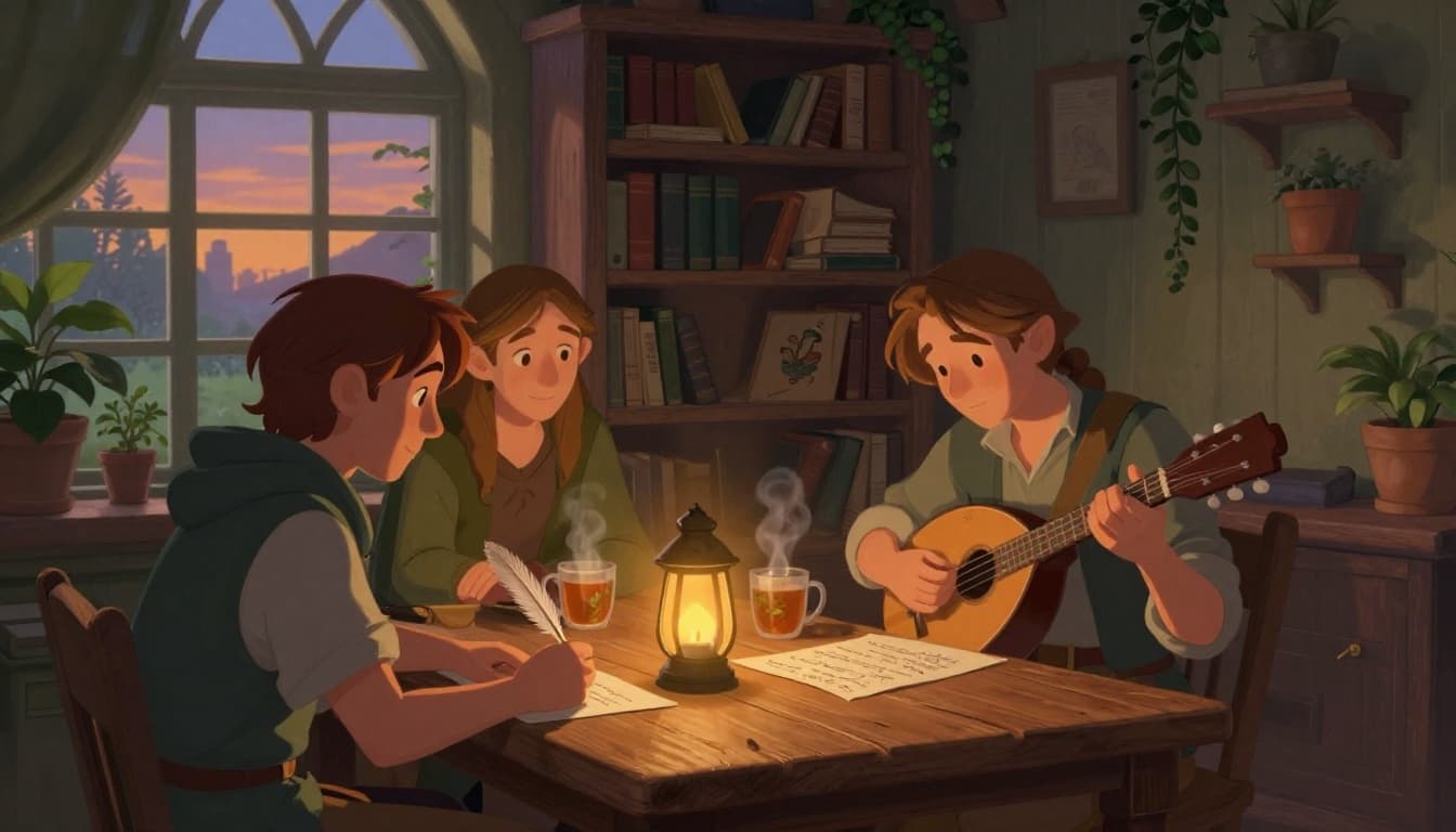 A bard sits at a wooden table in a quaint conservatory during golden hour, loosely holding a mandolin and scribbling notes on sheet music with a quill, attentively joined by halfling and dwarf friends amid bookshelves, potted plants, a lantern, and steaming tea mugs.