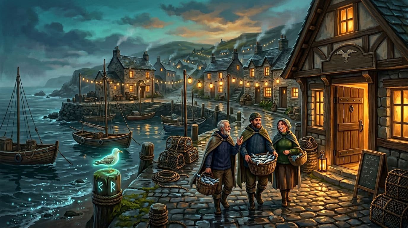 Painterly storybook illustration of a small coastal village at dusk with weathered stone cottages, lantern-lit quay, bobbing fishing boats, and a welcoming tavern spilling golden light. Three friendly fisherfolk chat outside while subtle magic like bioluminescent seafoam and a glowing sea-spirit gull adds enchantment to the misty, rain-kissed scene.