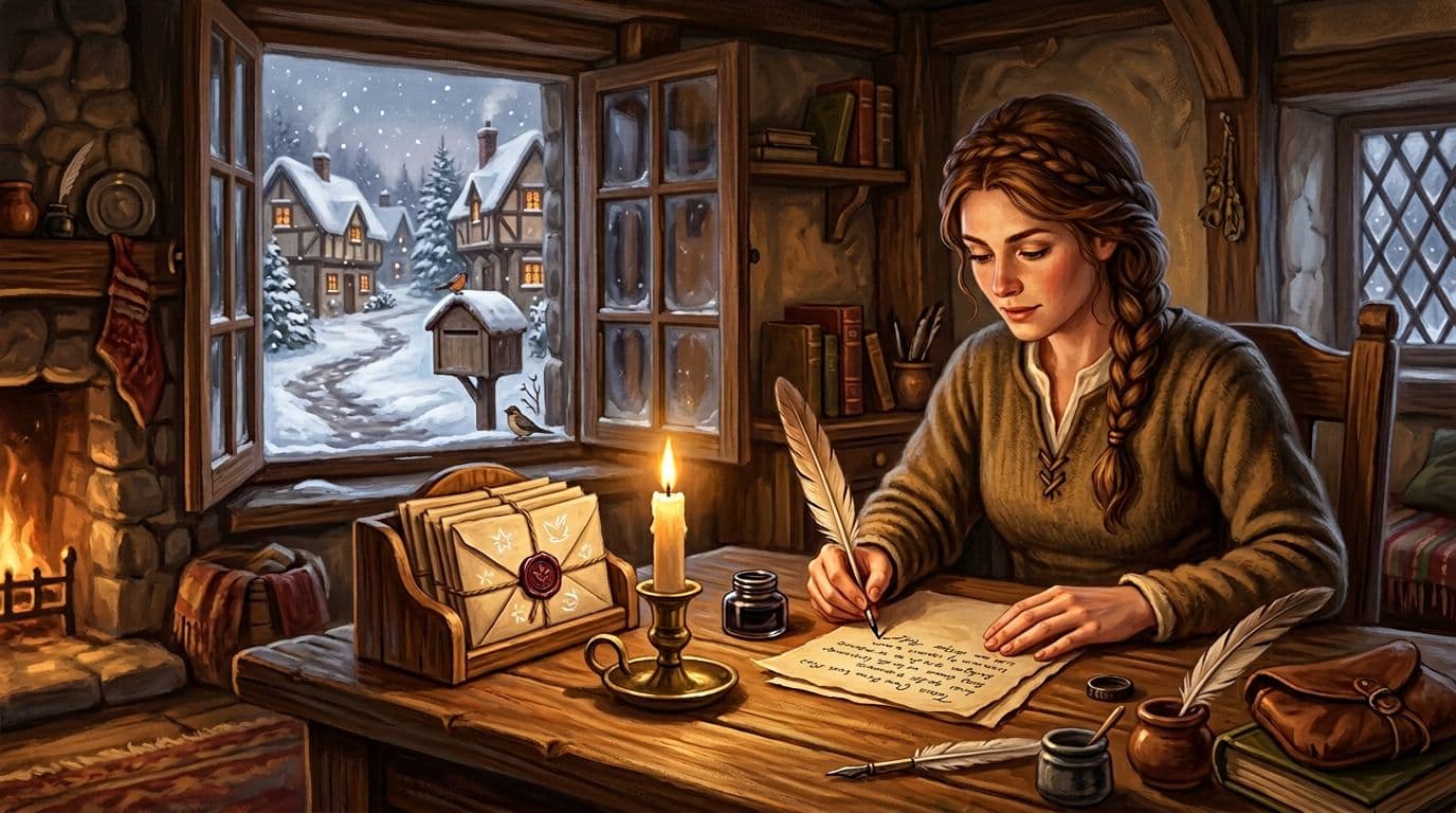 A person with relaxed hands dips a quill into an inkwell and writes on parchment at a wooden desk in a cozy village cottage by candlelight. An open window reveals a snowy village path and mailbox, with stacks of magically glowing sealed letters nearby, in warm earth tones and painterly storybook style.