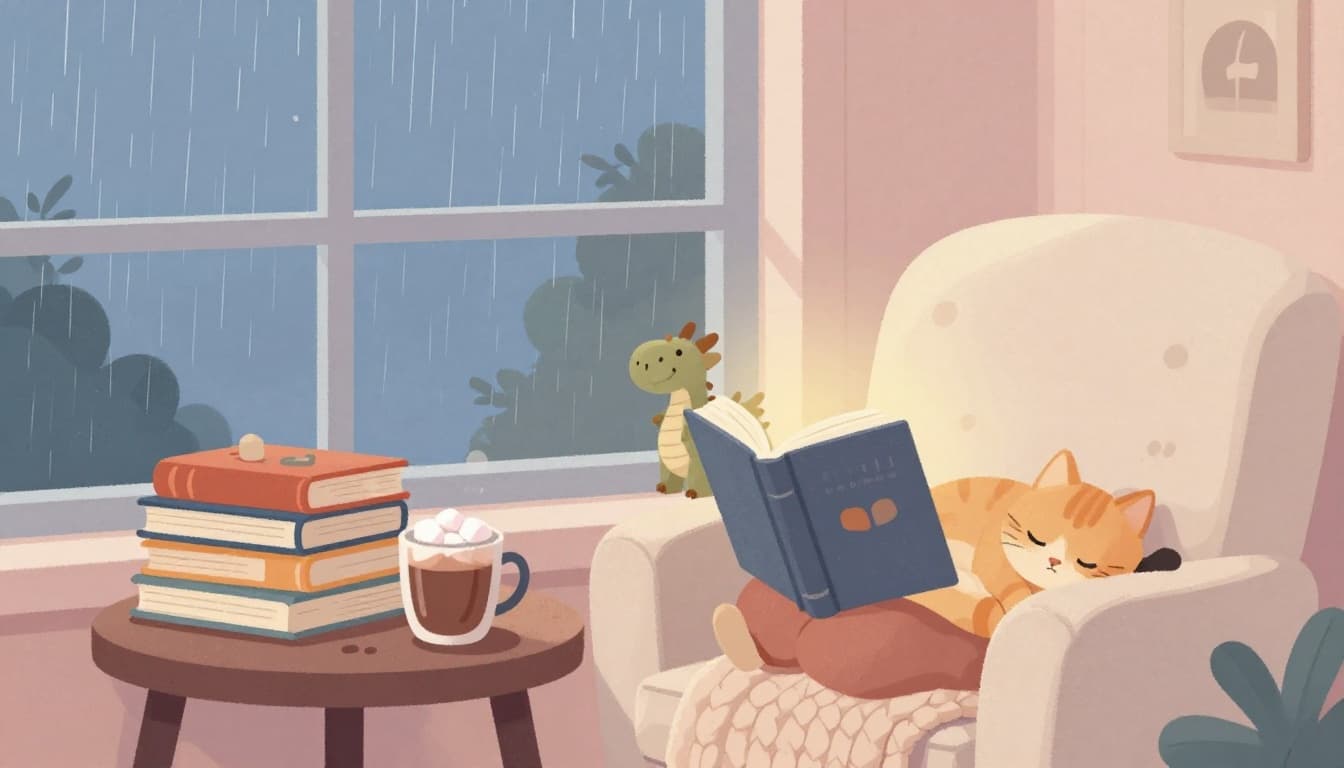 Landscape illustration of a plush armchair by a rainy window in a cozy reading nook for fantasy books, with colorful book stack, hot cocoa mug topped with marshmallows, knitted throw blanket, warm lamp glow, stuffed dragon toy on armrest, and one cat curled up sleeping in an invisible reader's lap. Pastel tones, cozy textures, modern semi-flat bookish style evoke a peaceful mood with no people, text, or watermarks visible.