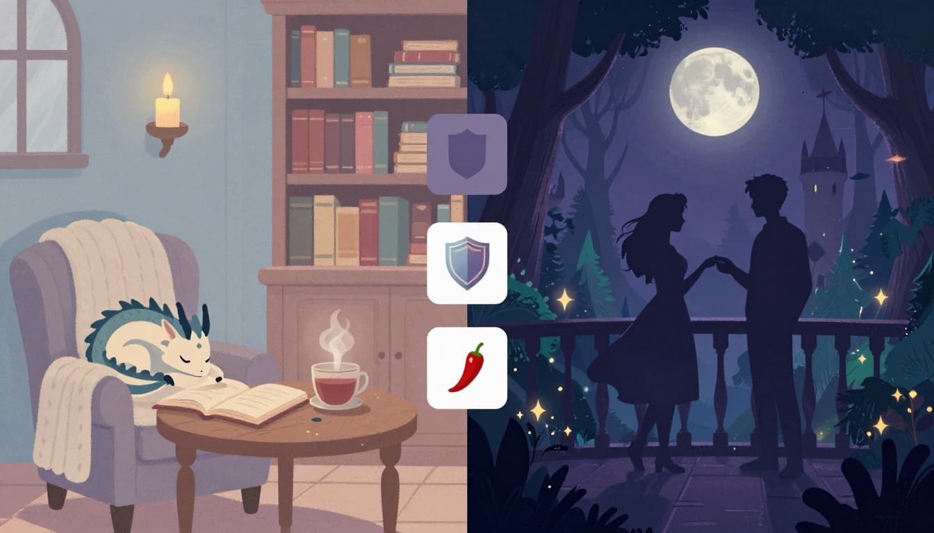 A split landscape header illustration comparing cozy fantasy and romantasy book subgenres: left side shows a warm candlelit cottage library with a sleepy dragon, right side a moonlit castle balcony with romantic silhouettes, divided by icons for stakes, spice, and pacing.