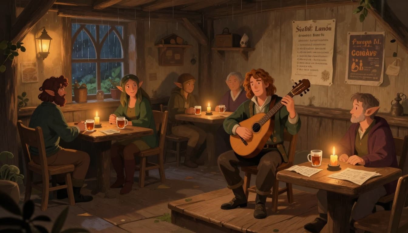 Warm, semi-realistic digital painting of a friendly bard with lute on a small wooden stage in a cozy tavern at dusk, surrounded by three townsfolk—a human, elf, and halfling—at mismatched tables with glowing candles, lanterns, mugs of tea and cider, sheet music nearby, and soft rain outside the window.