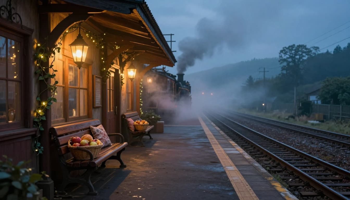 Cozy fantasy train station platform at dusk with steam curling from a locomotive, one empty cushioned wooden bench, glowing lanterns, baskets of fresh pastries and apples, magical vines with tiny lights on lampposts, and distant tracks vanishing into foggy hills. Painterly storybook illustration style in warm amber and soft blue tones with high detail and inviting mood.