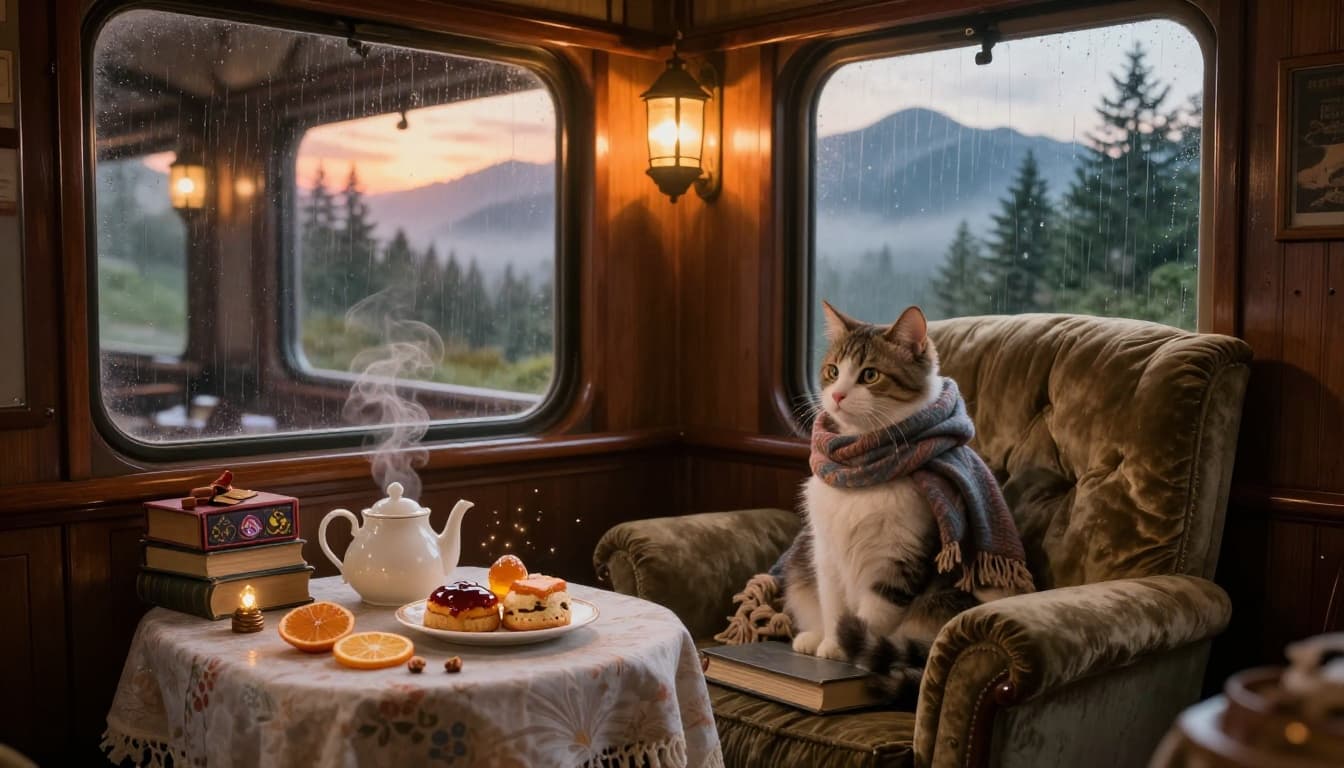 A warm, inviting cozy-fantasy illustration set in a vintage train carriage during golden-hour sunset, with plush seats, a table of steaming tea and treats, a friendly cat familiar, subtle magic, and misty mountains visible through rain-speckled windows.