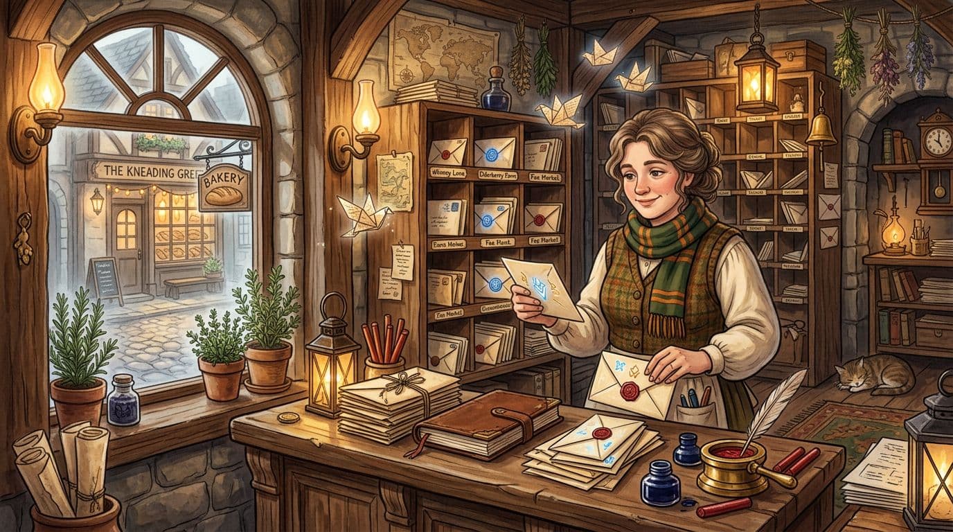 Cozy fantasy illustration of a quaint magical post office interior featuring timber and stone walls, warm lantern light, wooden counters with envelopes and wax seals, a friendly postal clerk sorting glowing rune-stamped letters, and tiny fluttering paper birds. Background shows a cobblestone street with bakery through the window in soft mist.