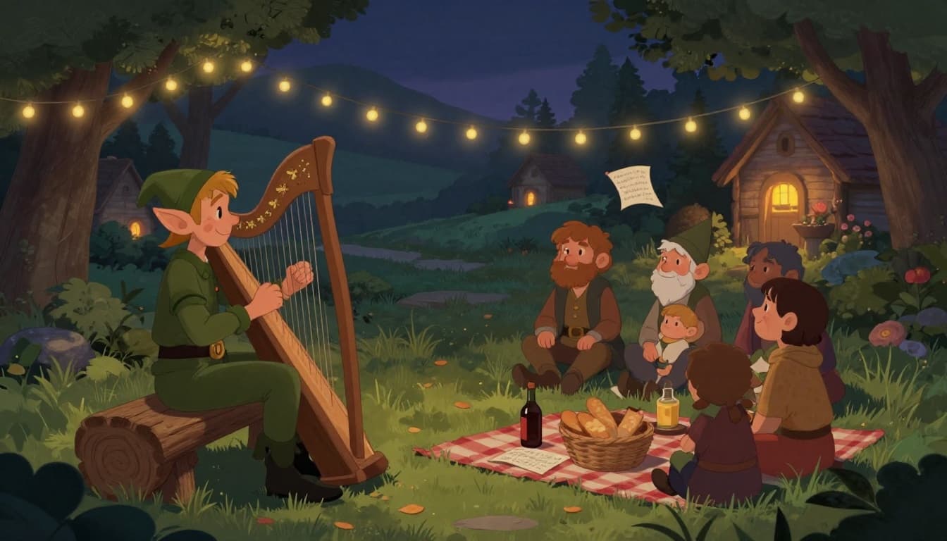 Warm fantasy illustration of an elf bard playing harp on a log bench at twilight village green, with four villagers listening raptly amid fairy lights, picnic blankets, and distant glowing cottages.