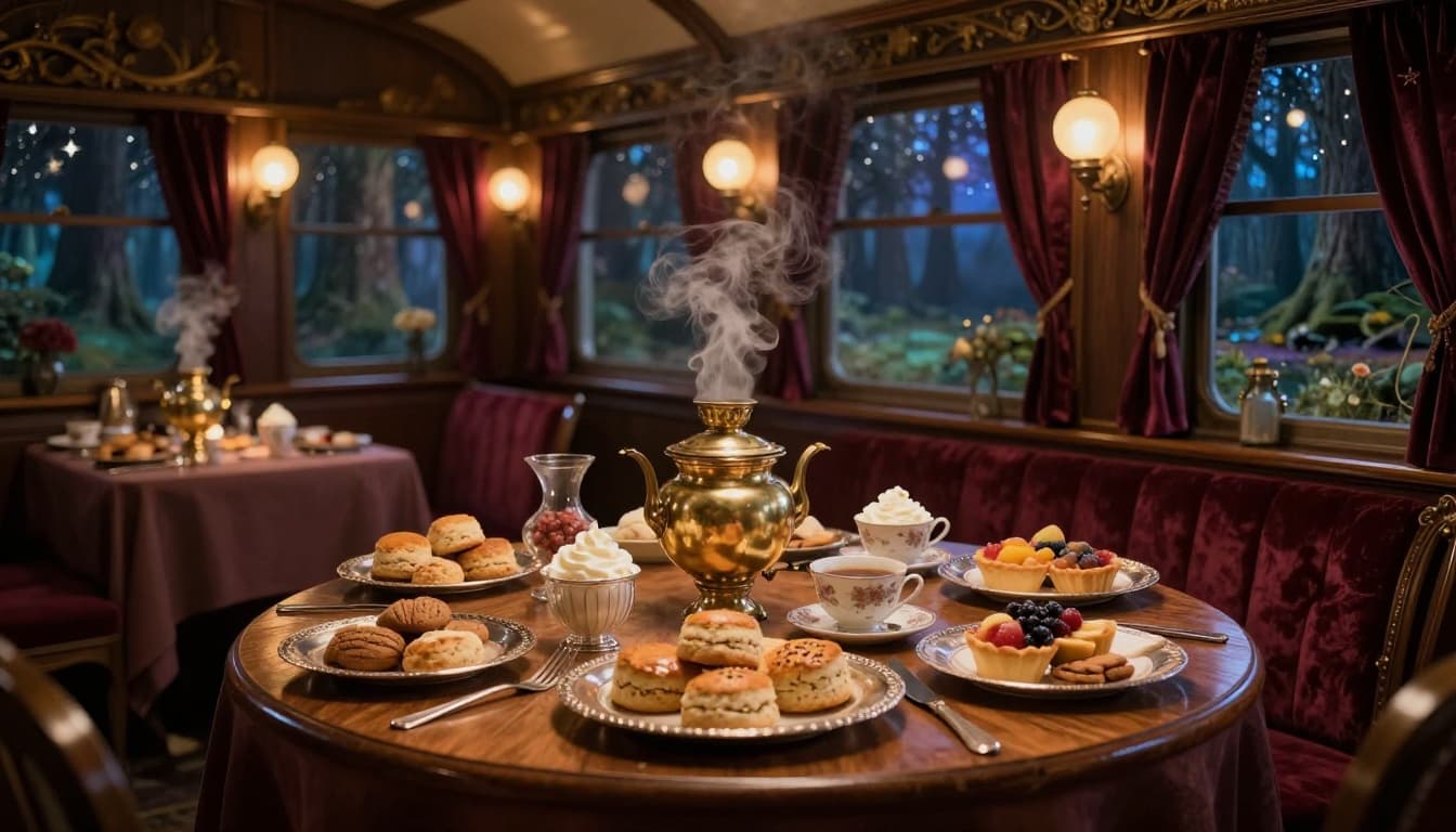 Inside a magical dining car on a fantasy train, polished wooden tables set for tea with scones, clotted cream, fruit tarts, and spiced biscuits, beside a steaming brass samovar. Velvet curtains frame starry night windows revealing enchanted forests, illuminated by floating orbs in a high-detail painterly storybook style with cozy warm lighting.