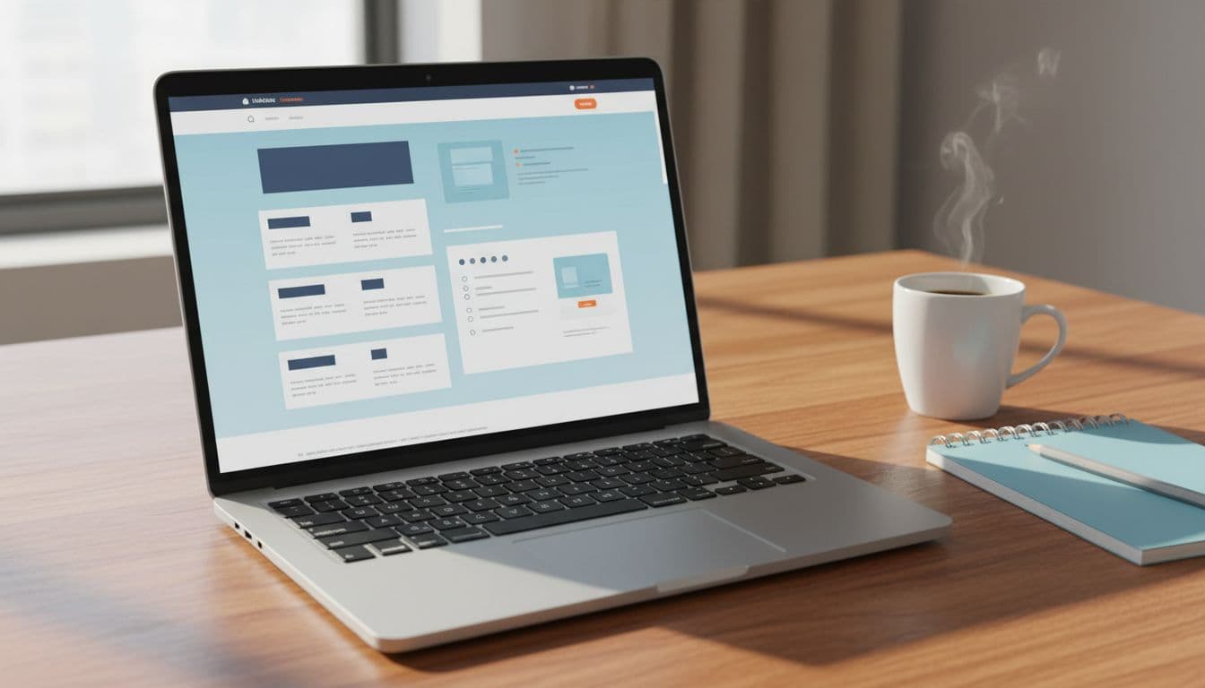 Laptop on wooden desk displaying a well-structured webpage with headings, short paragraphs, bullet lists, and clear sections, viewed at a slight angle. Notebook and coffee mug nearby, modern flat design with natural light, no people or readable text.