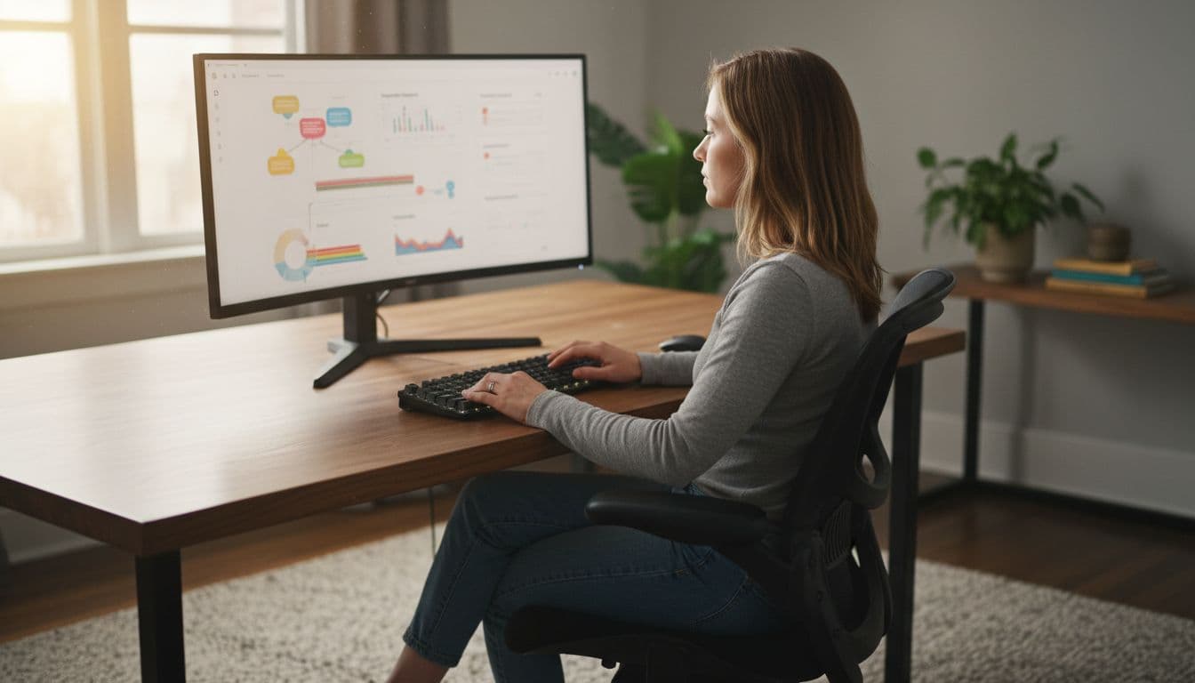 One person seated at a home office desk focuses on a desktop computer screen showing an AI interface for SEO keyword research and outline generation, with hands relaxed on the keyboard in warm daylight.