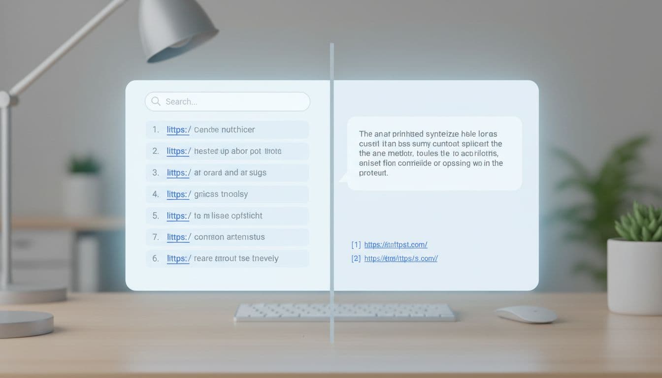 Split-screen illustration comparing a traditional search results page on the left with an AI chatbot interface providing synthesized answers and citations on the right, set against a neutral office desk background.